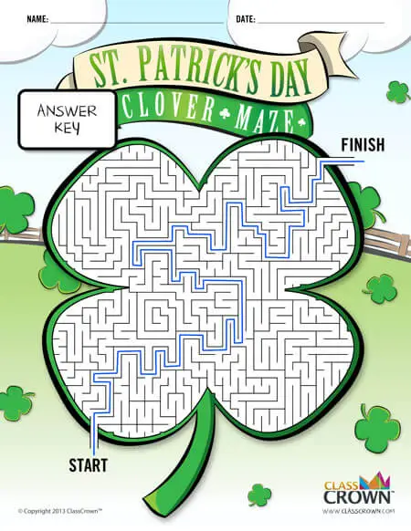 St. Patrick's day maze, 4 leaf clover - answer key.
