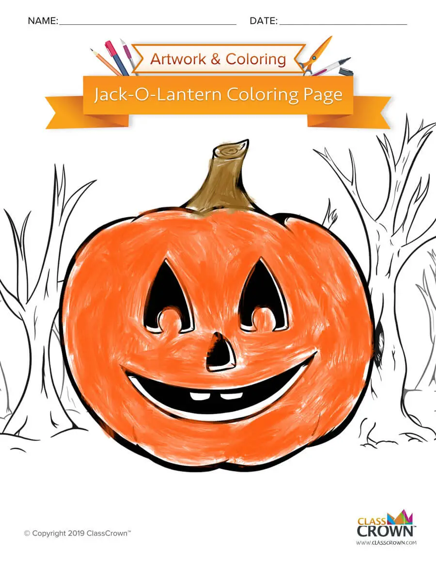 Halloween Jack-O-Lantern coloring page - colored in sample page.