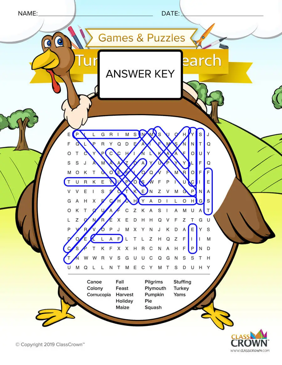 Thanksgiving word search, turkey - answer key.