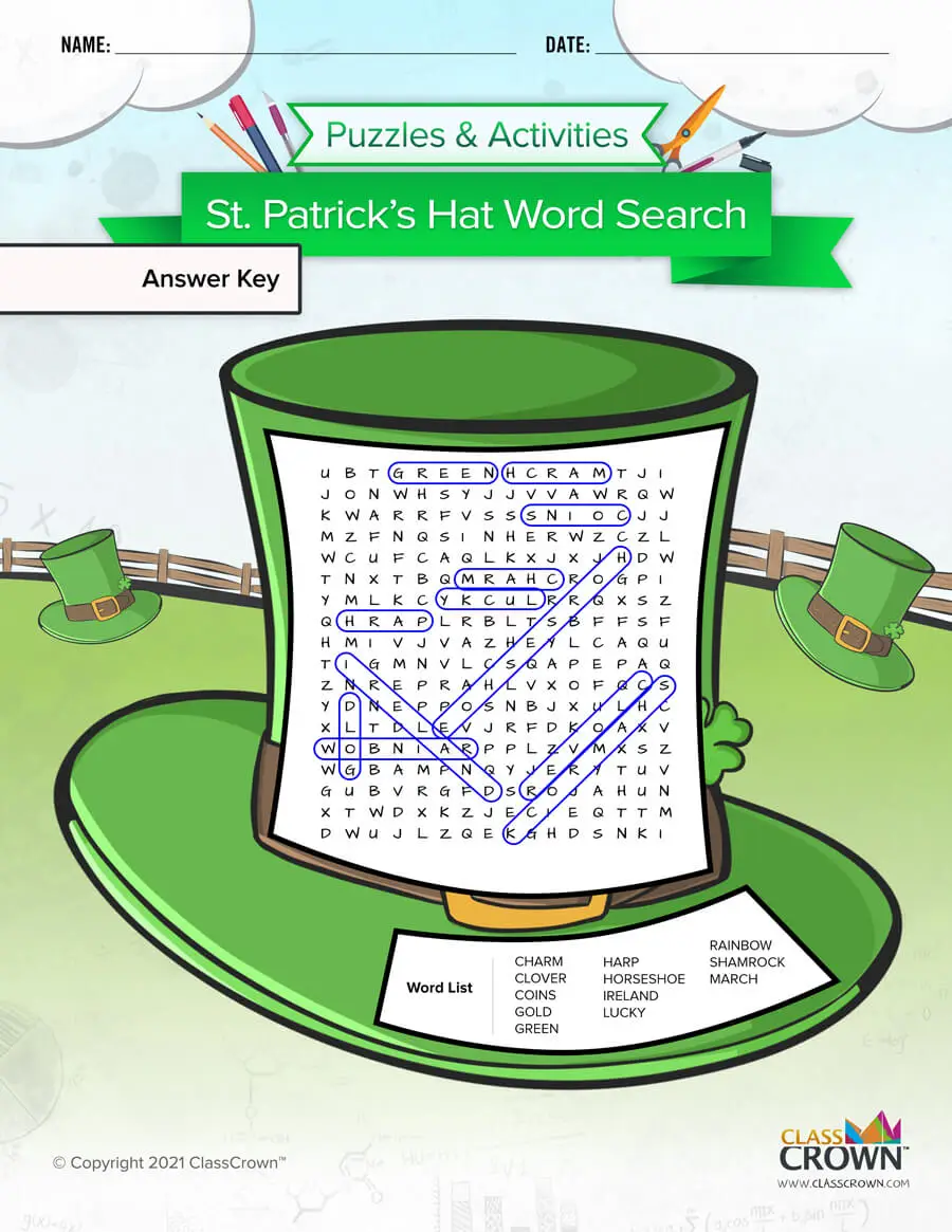 St. Patrick's day word search, green top hat - answer key.