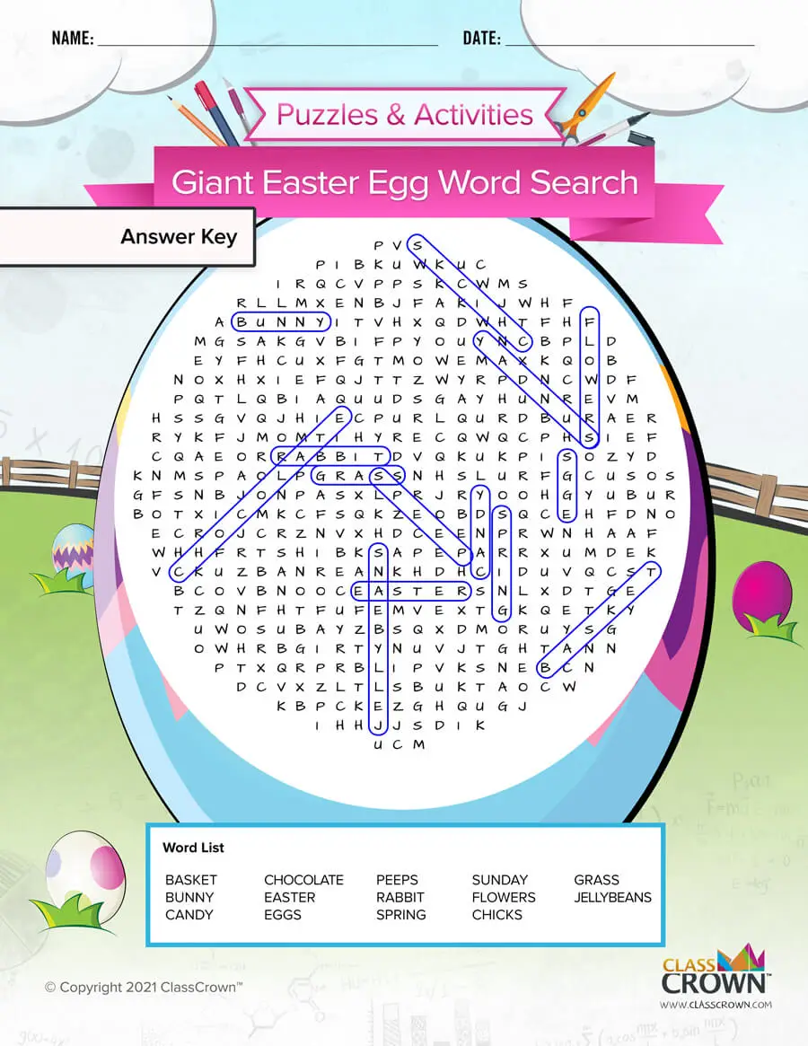 Easter word search, egg - answer key.