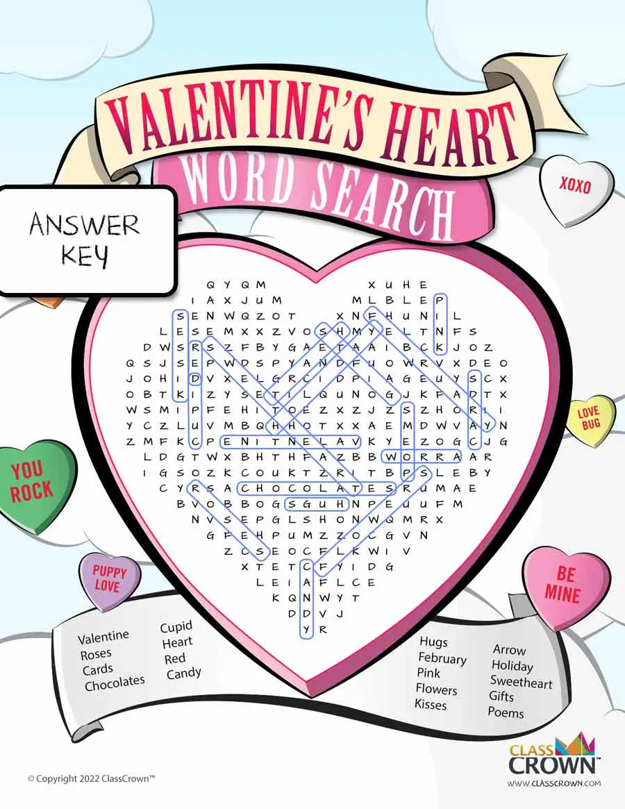 Valentine's day word search, heart - answer key