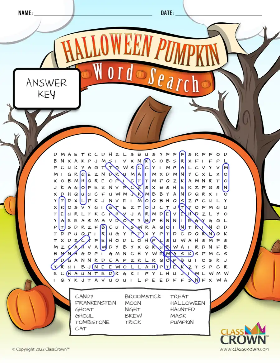 Halloween word search, pumpkin - answer key.