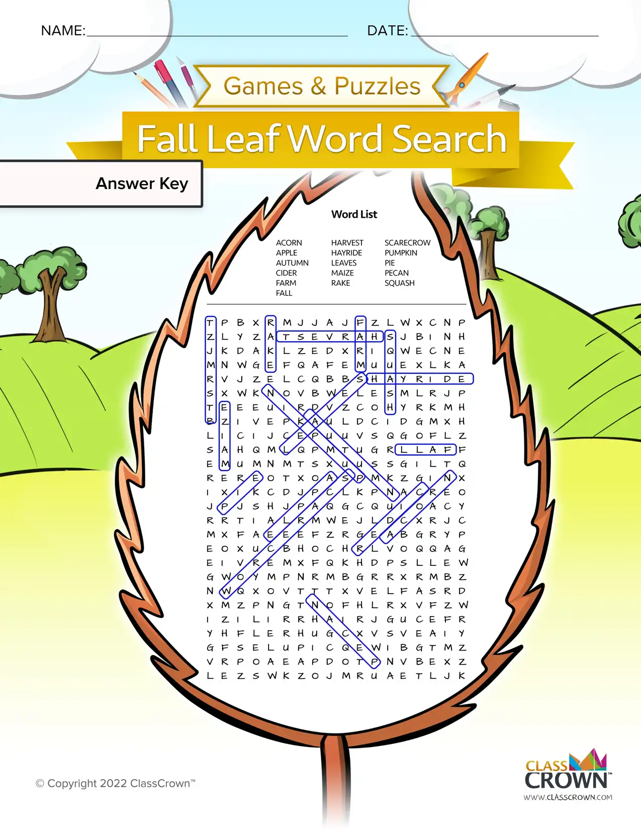 Fall word search, leaf - answer key.