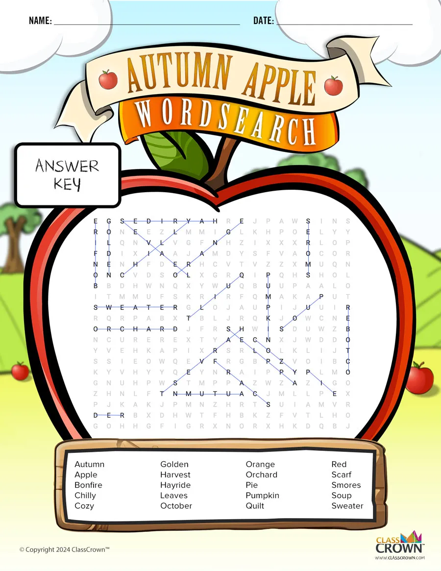 Autumn Word Search, Apple - answer key.