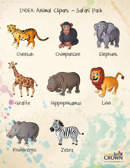 Safari animal clip art index page showing all included animals in pack.