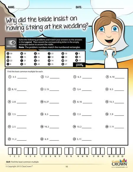 Fractions worksheet, least common multiple. Bride graphic.