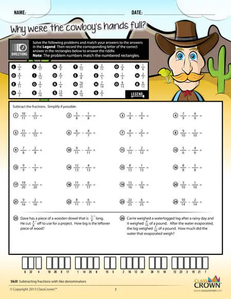 Fractions worksheet, subtracting with like denominators. Cowboy graphic.