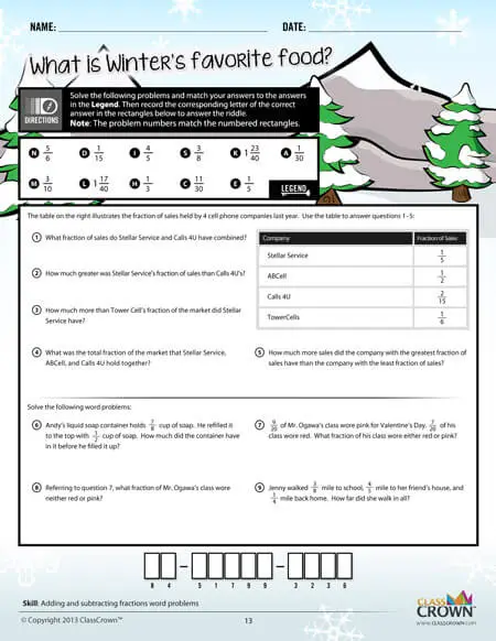 Fractions worksheet, adding and subtracting word problems. Snowy mountain graphic.