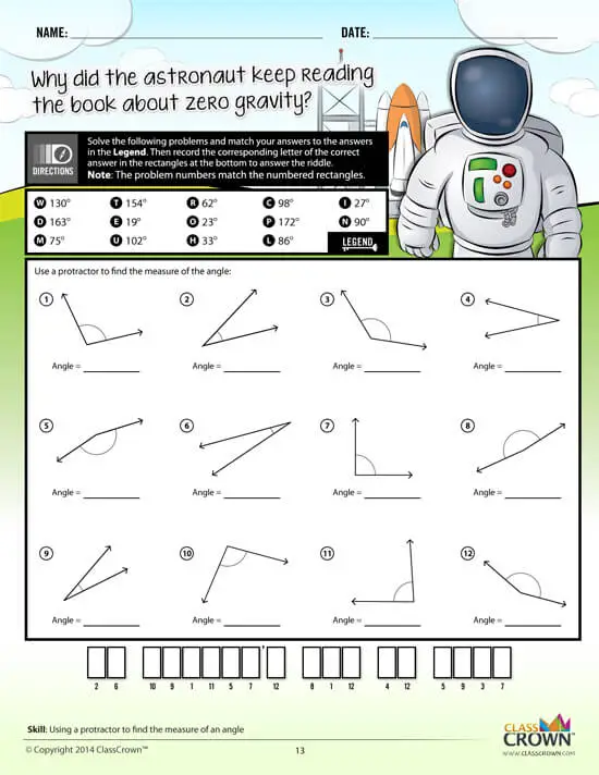 Geometry worksheet, using a protractor. Astronaut graphic.