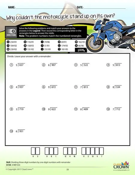 4th grade math worksheet, dividing three-digit numbers. Motorcycle graphic.