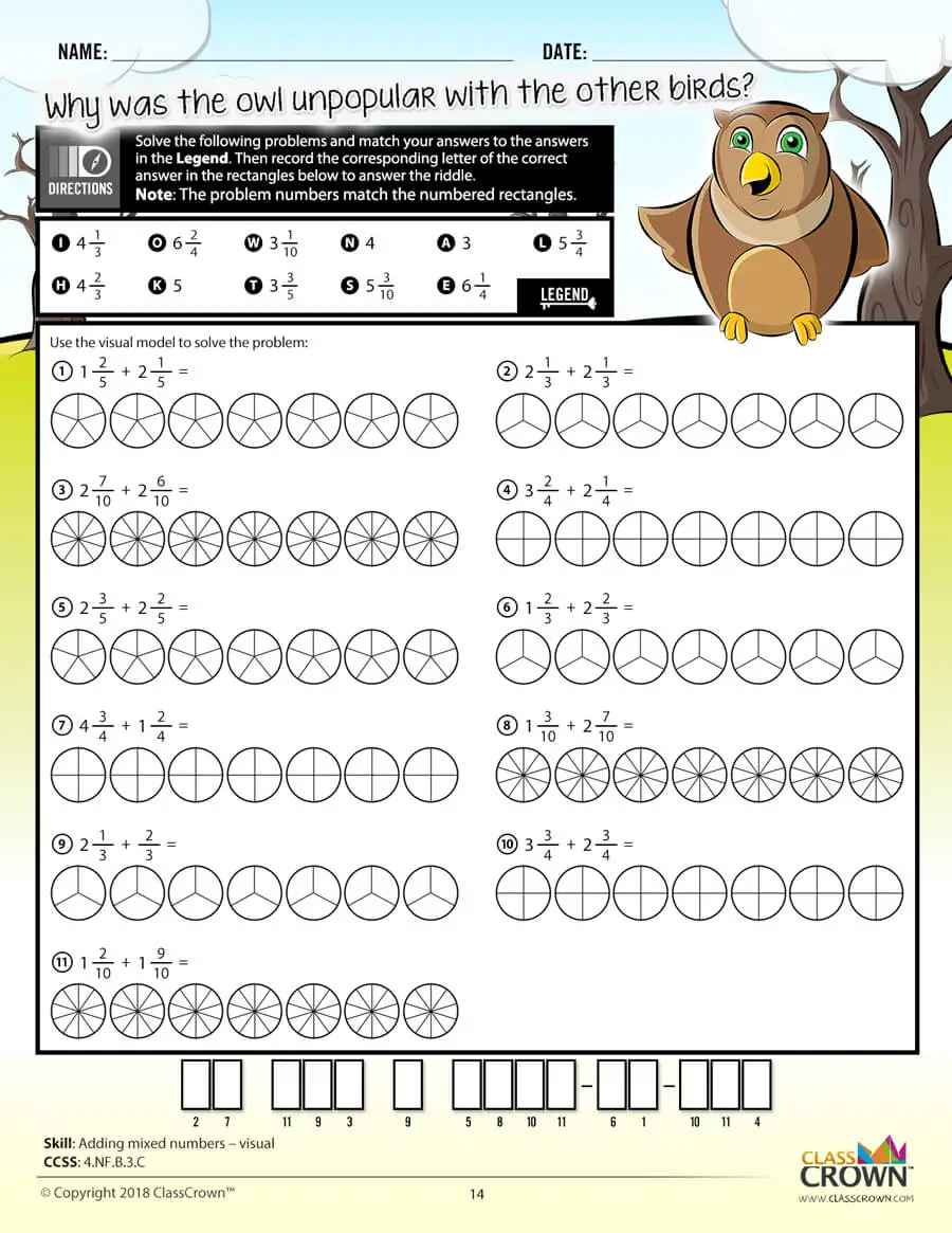 4th grade math worksheet, adding mixed numbers. Owl graphic.