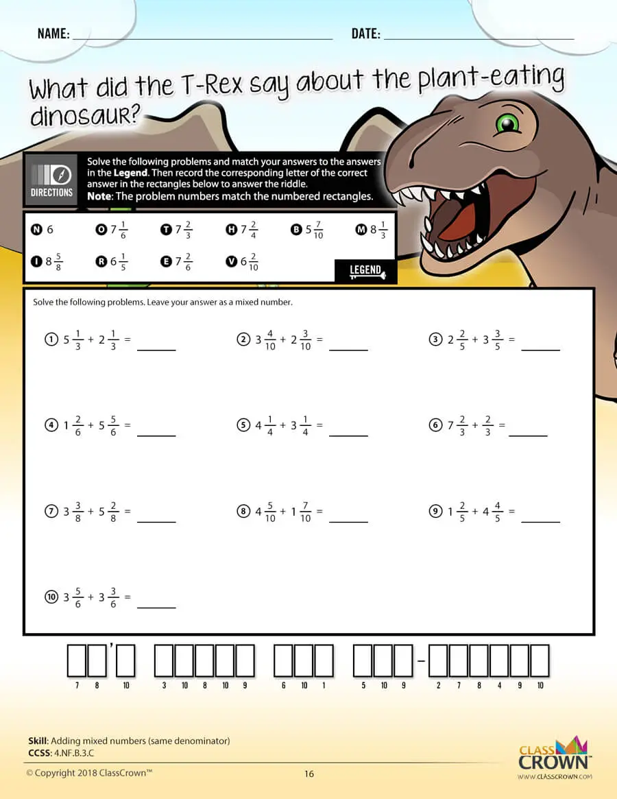 4th grade math worksheets, adding mixed numbers. Dinosaur graphic.