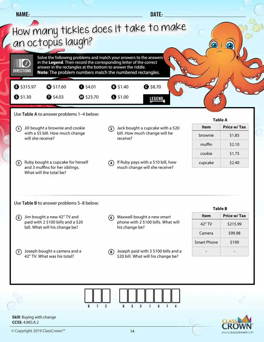 4th grade math worksheet, buying with change. Octopus graphic.