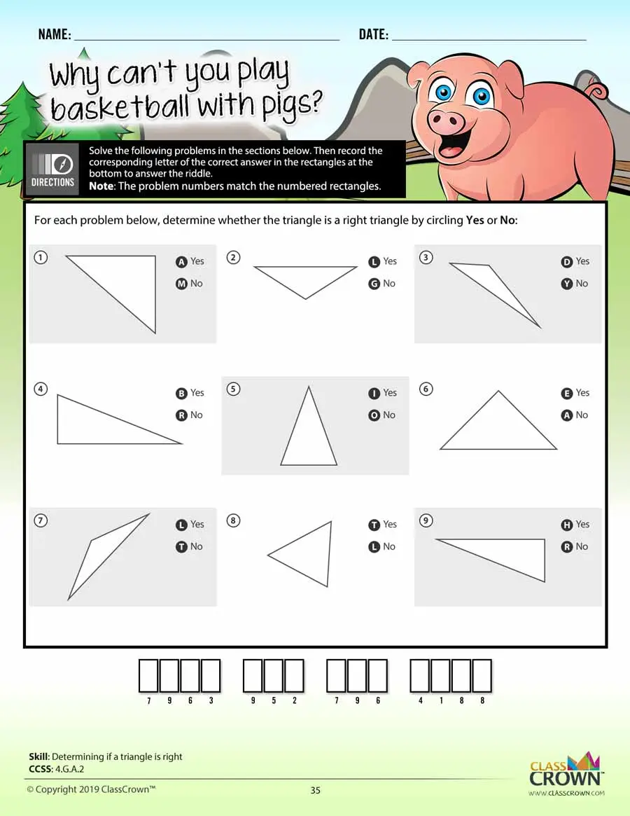 4th grade math worksheet, determining right triangles. Pig graphic.