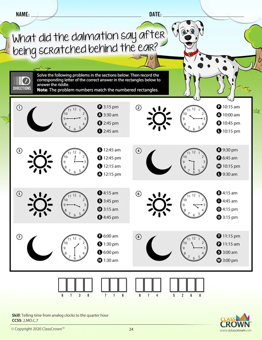 2nd grade math worksheet, telling time from analog clocks to the quarter hour. Dalmation graphic.