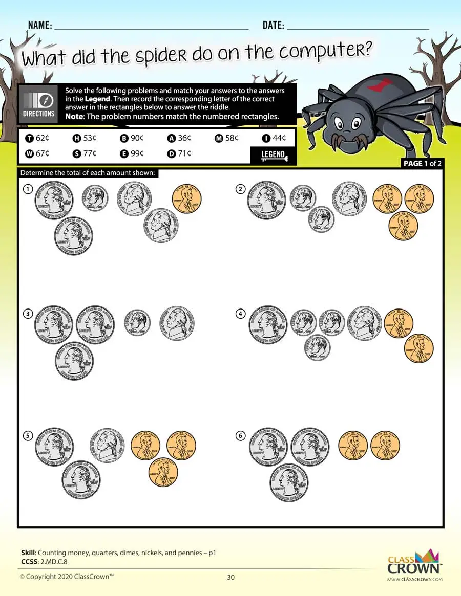 2nd grade math worksheet, counting money, quarters, dimes, nickels, and pennies. Spider graphic.