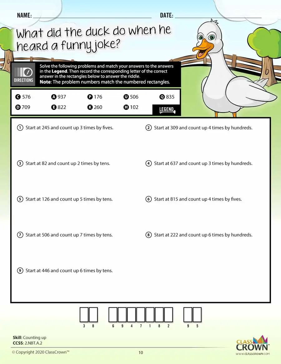 2nd grade math worksheet, counting up. Duck graphic.