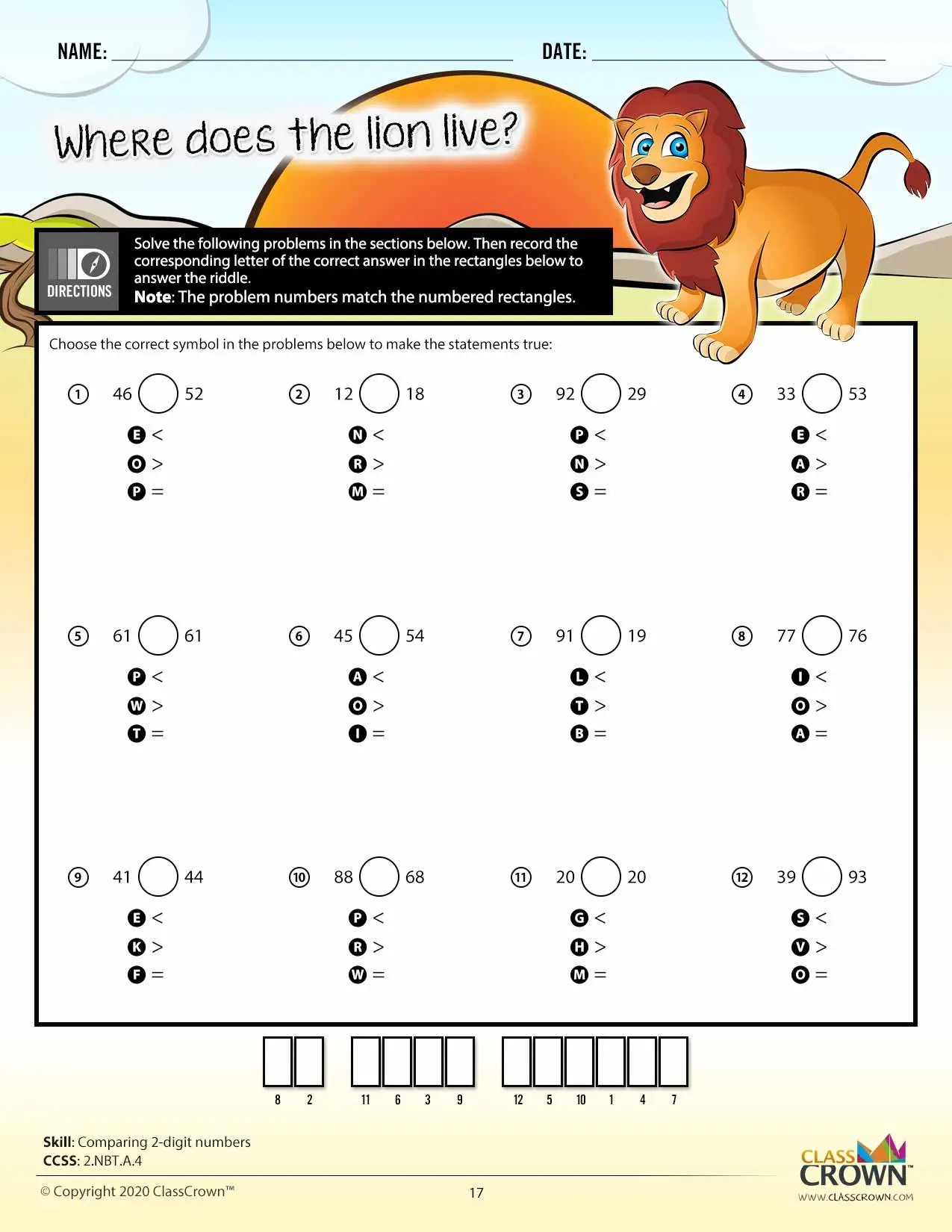 2nd grade math worksheet, comparing 2-digit numbers. Lion graphic.