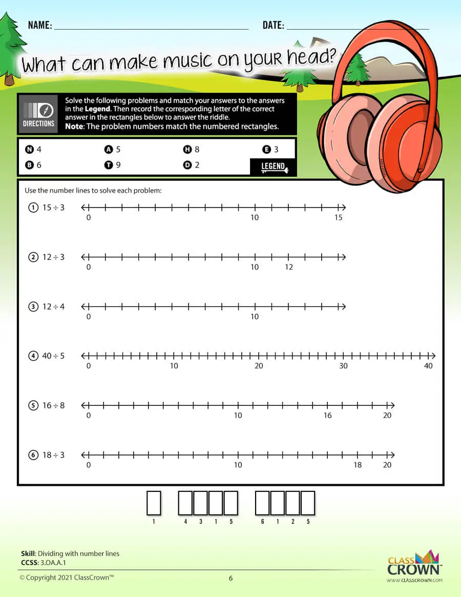 3rd grade math worksheet, dividing with number lines. Headphones graphic.