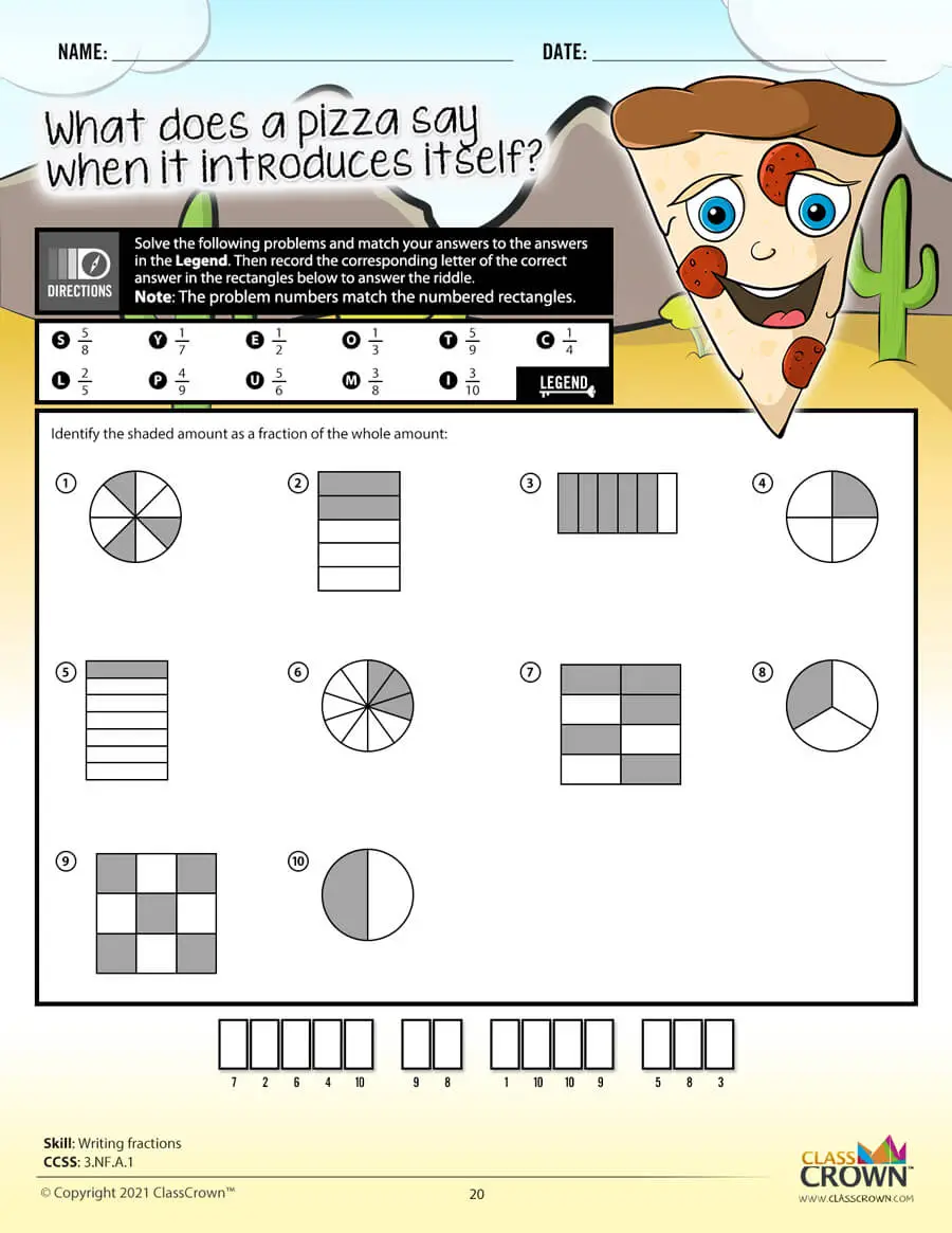 3rd grade math worksheet, writing fractions. Pizza graphic.
