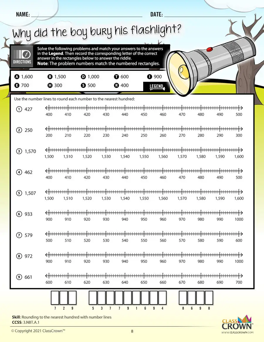 3rd grade math worksheet, rounding to the nearest hundred with number lines. Flashlight graphic.