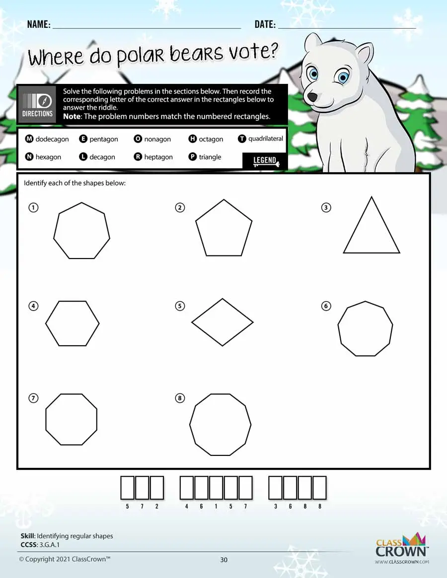 3rd grade math worksheet, identifying regular shapes. Polar Bear graphic.