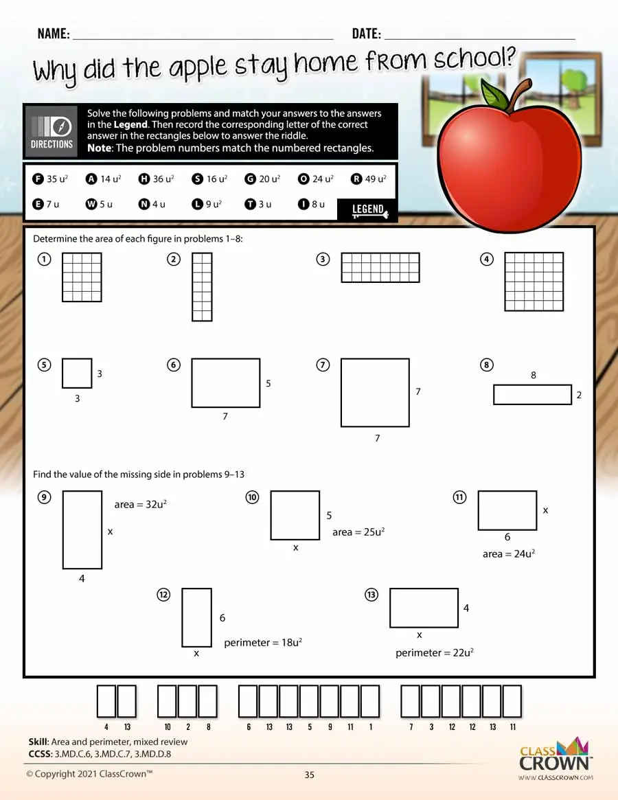 3rd grade math worksheet, area and perimeter mixed review, Apple graphic.
