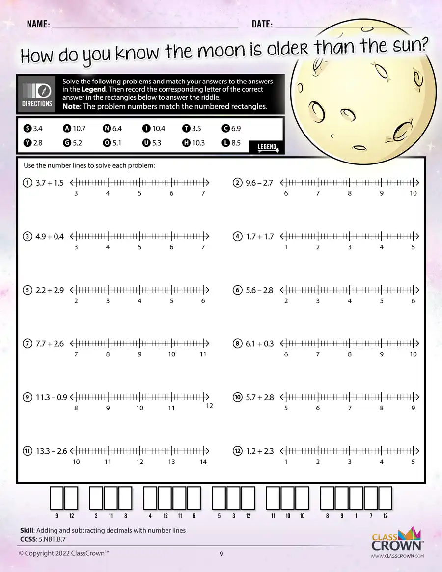 5th grade math worksheet, adding and subtracting with number lines. Moon graphic.