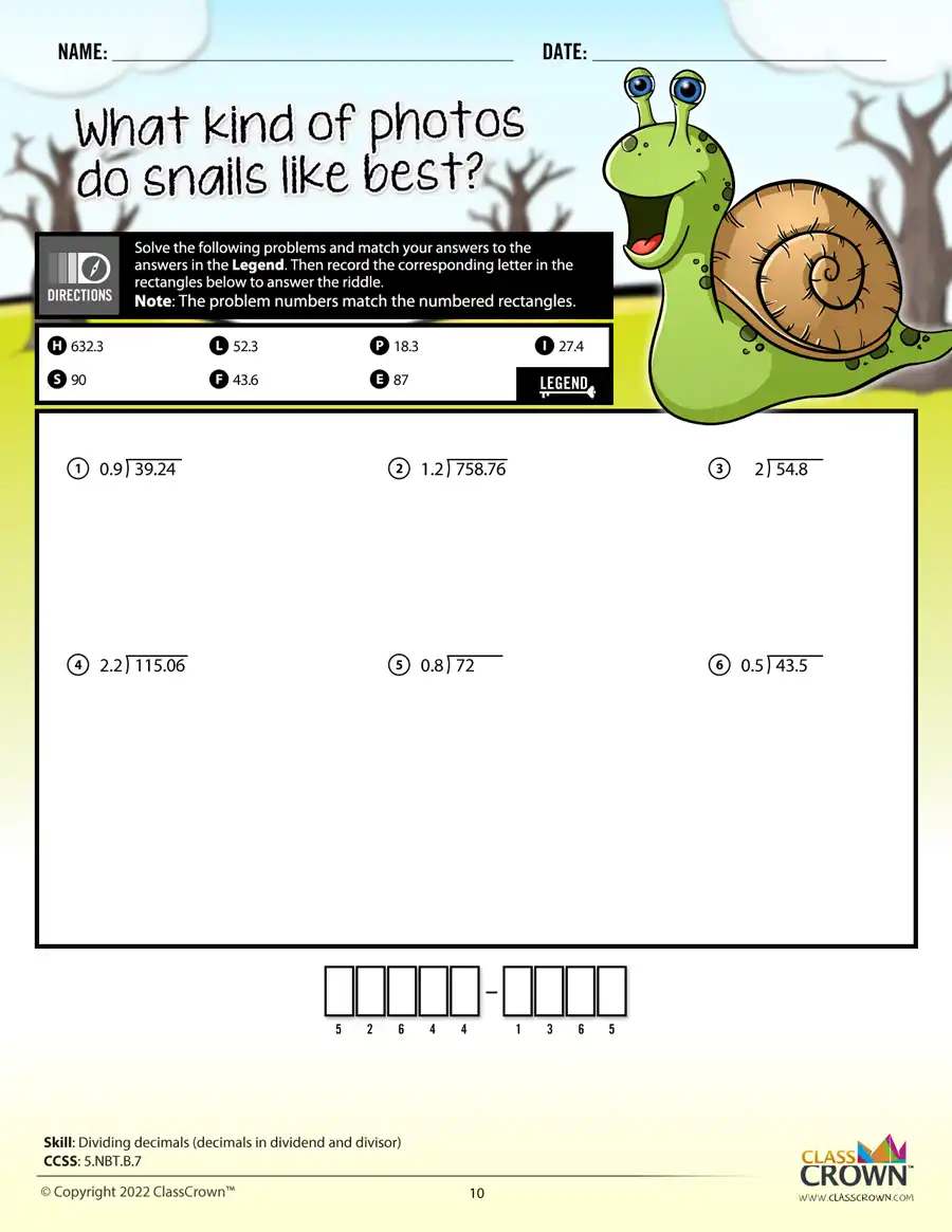 5th grade math worksheet, dividing decimals, Snail graphic.