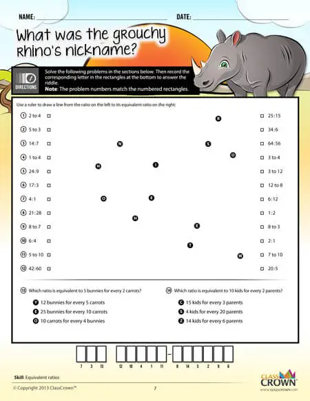 Ratios and percents worksheet, equivalent ratios. Rhino graphic.