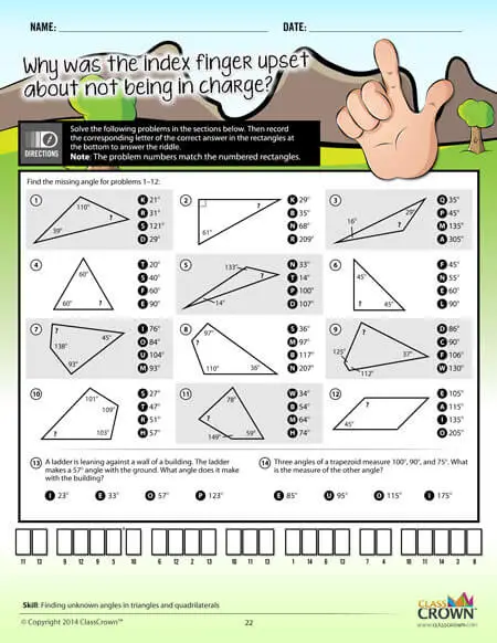 Geometry worksheet, finding unknown angels. Hand graphic.