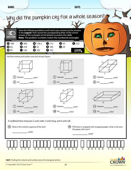Geometry worksheet, finding volume and surface area. Pumpkin graphic.