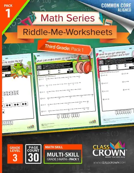 ClassCrown 3rd grade math worksheets cover art with headphones and frog graphic.