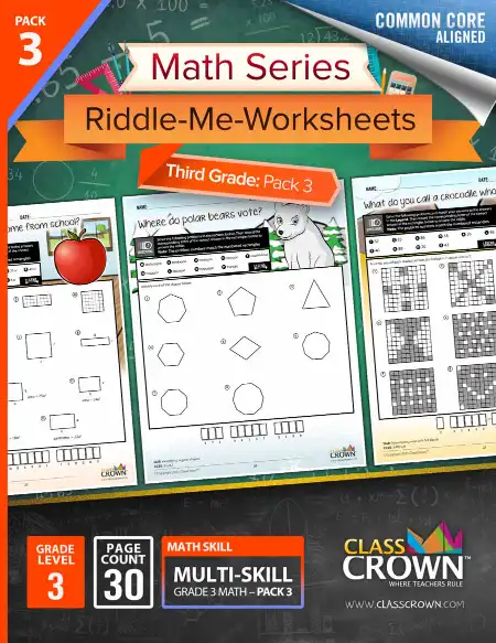 ClassCrown 3rd grade math worksheets cover art with polar bear and apple graphic.
