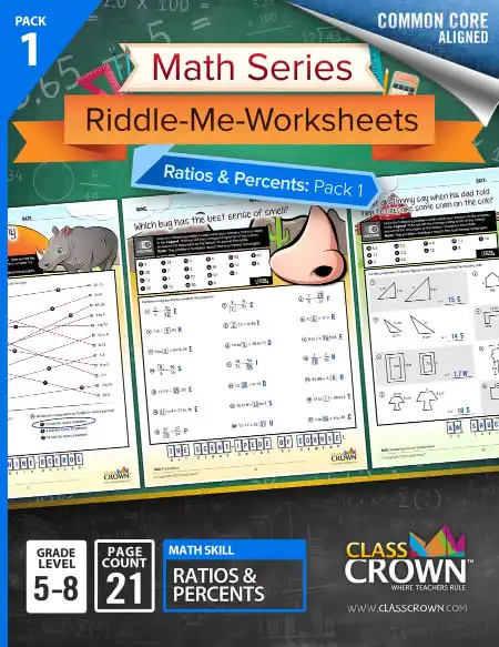 Ratios and percents worksheets pack 1 cover.